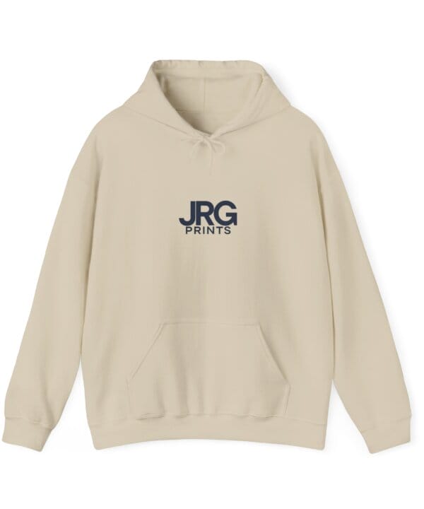 Custom sand hoodie with the navy JRG Prints logo printed on the chest