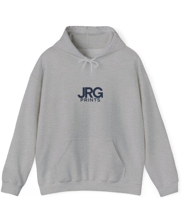 Custom sport grey hoodie with the navy JRG Prints logo printed on the chest