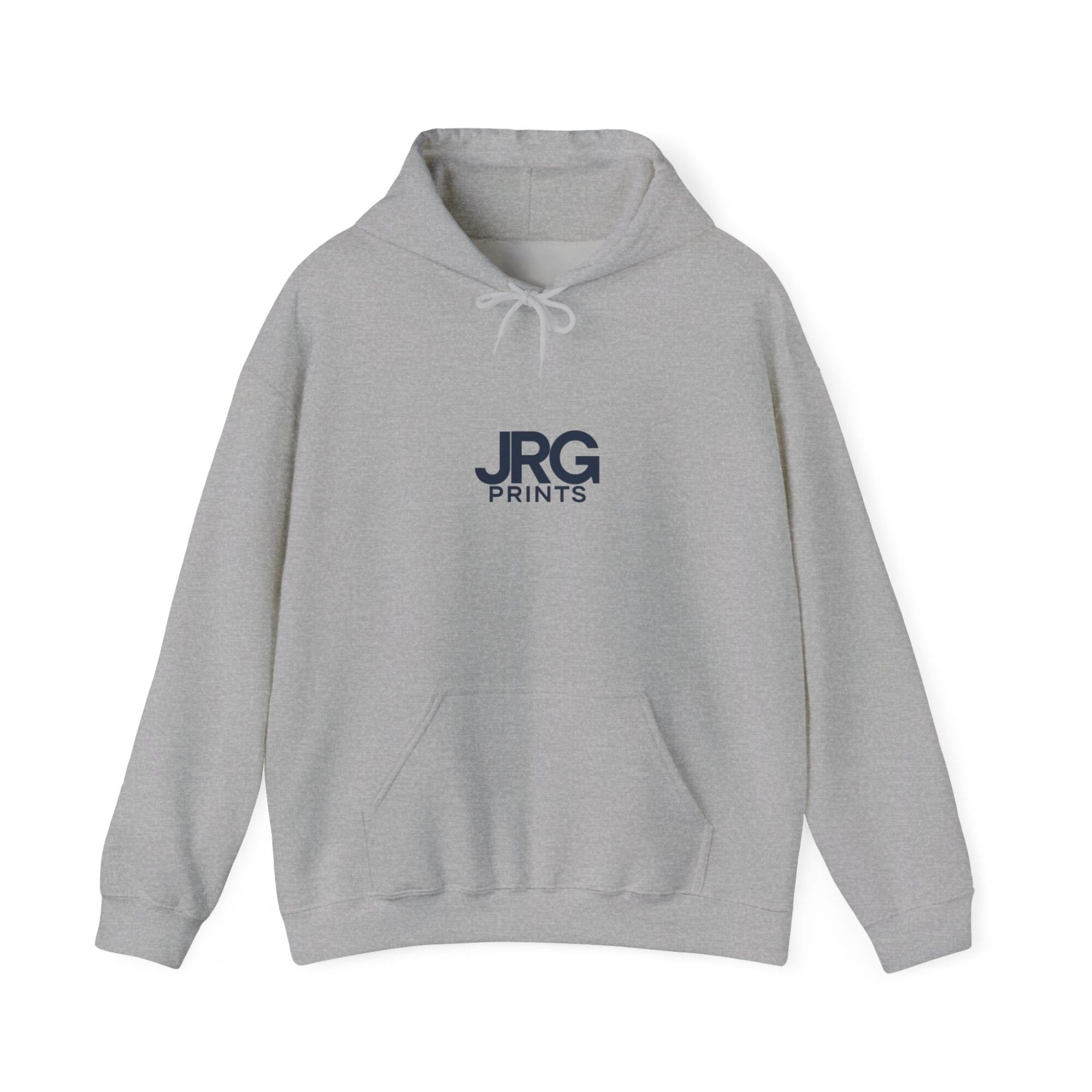 Custom sport grey hoodie with the navy JRG Prints logo printed on the chest