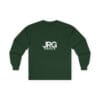 Custom forest green long sleeve shirt with the white JRG Prints logo printed on the chest