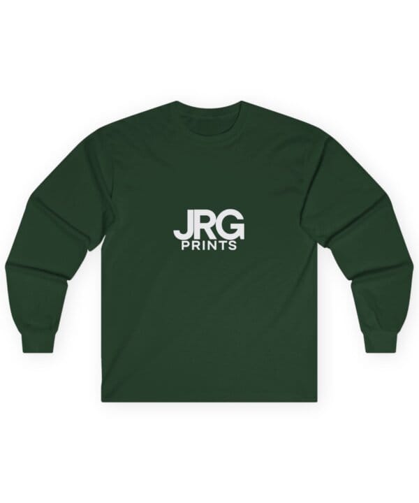 Custom forest green long sleeve shirt with the white JRG Prints logo printed on the chest