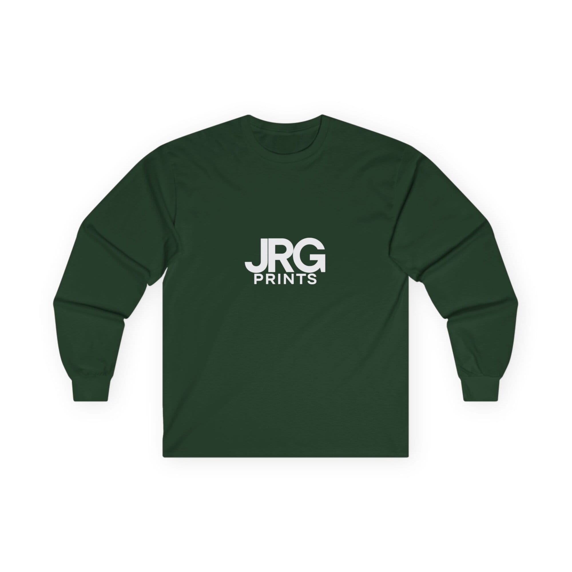 Custom forest green long sleeve shirt with the white JRG Prints logo printed on the chest