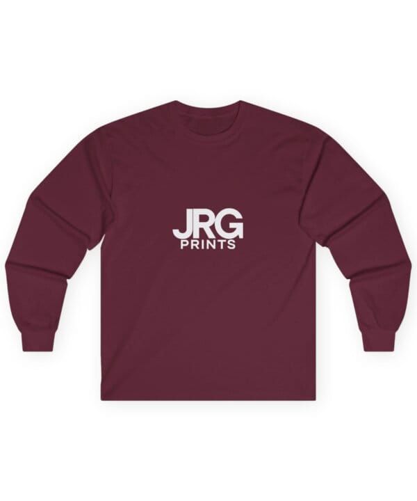 Custom maroon long sleeve shirt with the white JRG Prints logo printed on the chest