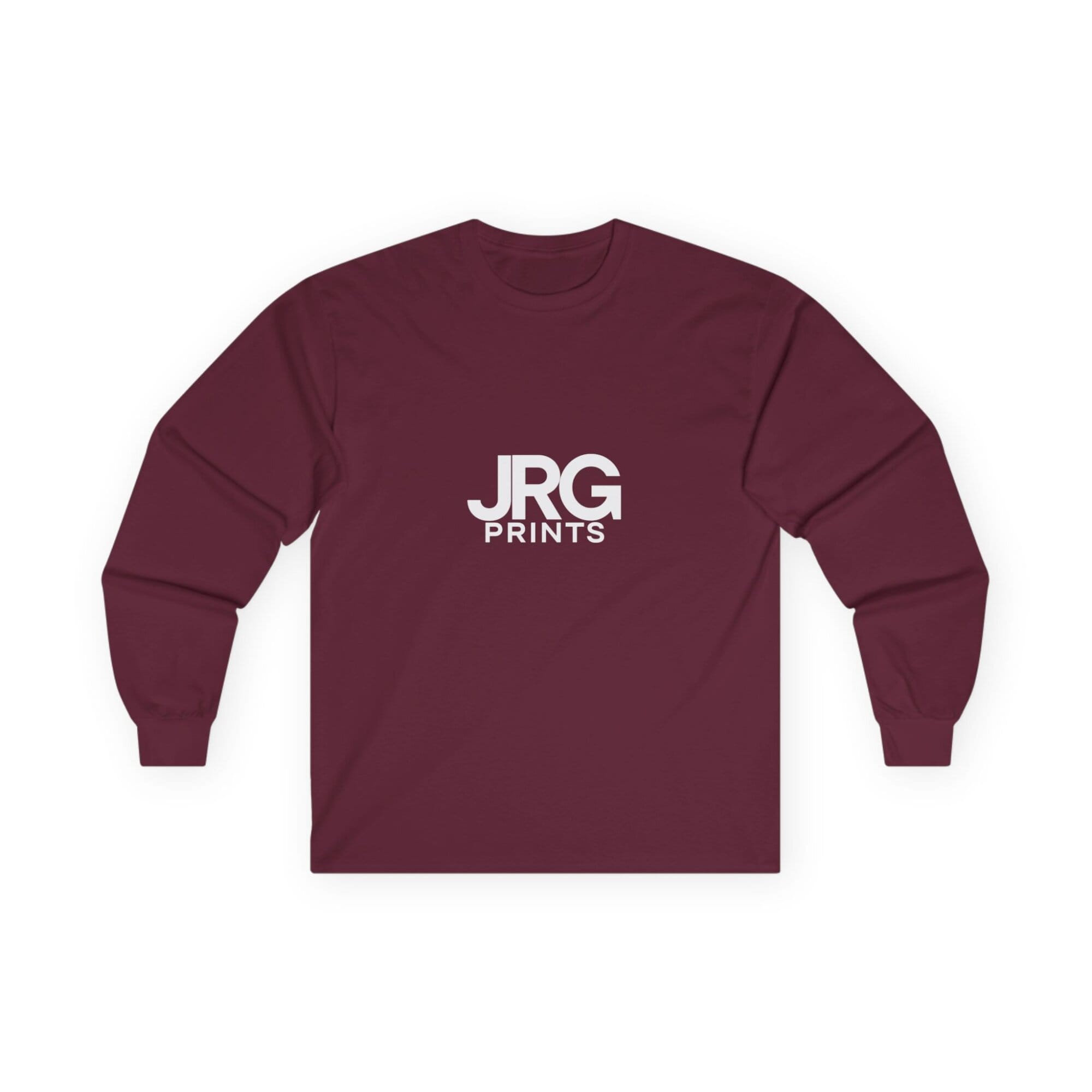 Custom maroon long sleeve shirt with the white JRG Prints logo printed on the chest