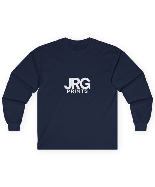 Custom navy long sleeve shirt with the white JRG Prints logo printed on the chest