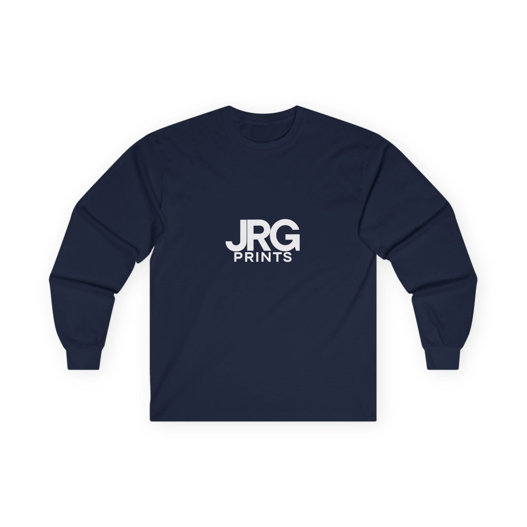 Custom navy long sleeve shirt with the white JRG Prints logo printed on the chest