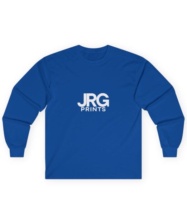 Custom royal long sleeve shirt with the white JRG Prints logo printed on the chest