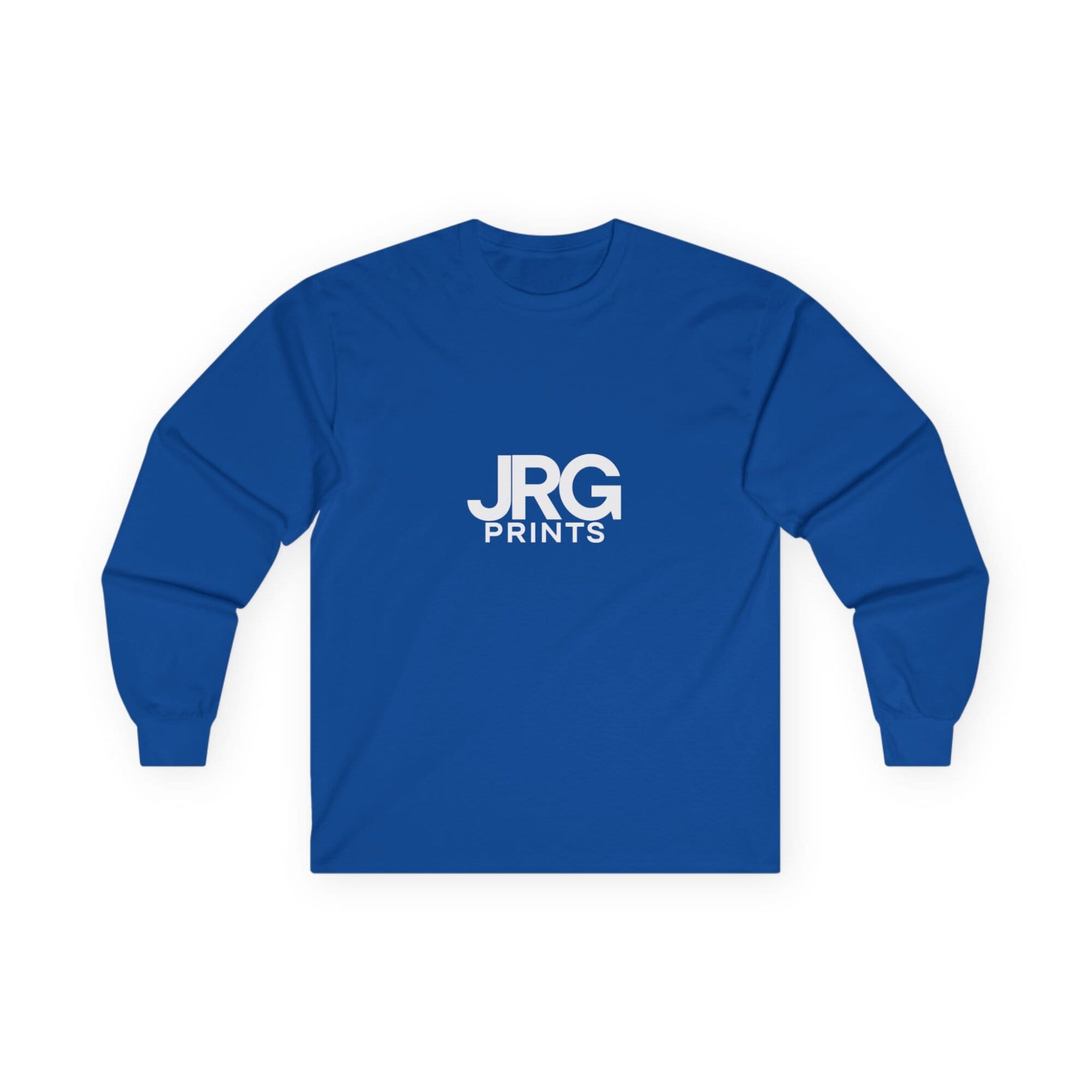 Custom royal long sleeve shirt with the white JRG Prints logo printed on the chest