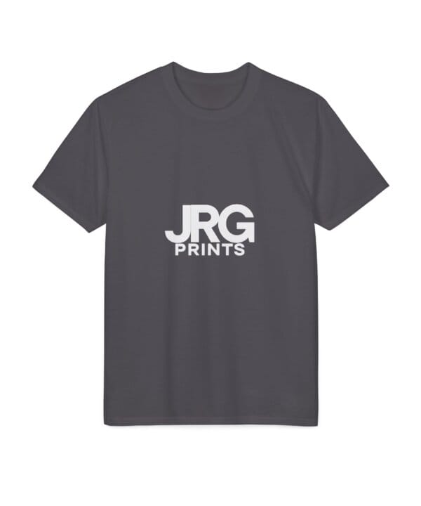 Custom charcoal performance t-shirt with the white JRG Prints logo printed on the chest