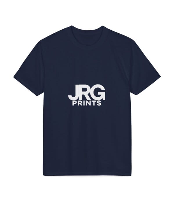 Custom navy performance t-shirt with the white JRG Prints logo printed on the chest