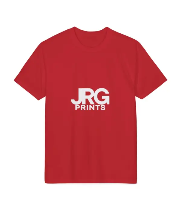 Custom red performance t-shirt with the white JRG Prints logo printed on the chest