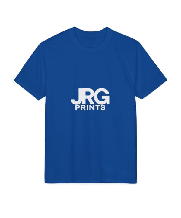 Custom royal blue performance t-shirt with the white JRG Prints logo printed on the chest