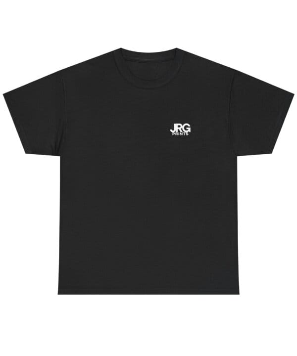 Custom black t-shirt with the JRG Prints logo on the right chest