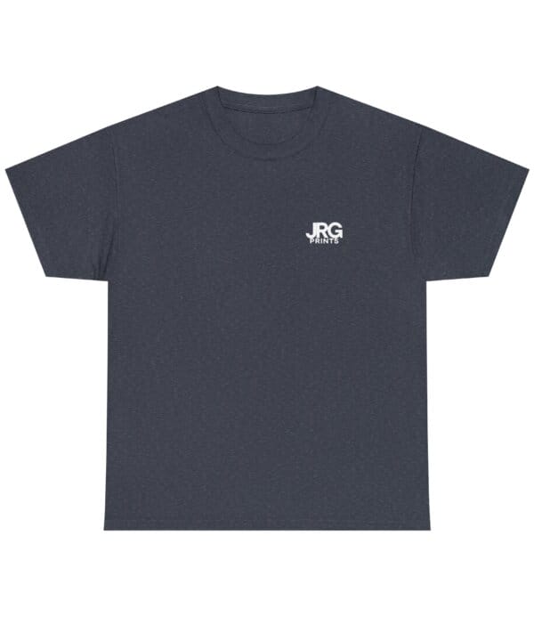 Custom heather navy t-shirt with the JRG Prints logo on the right chest