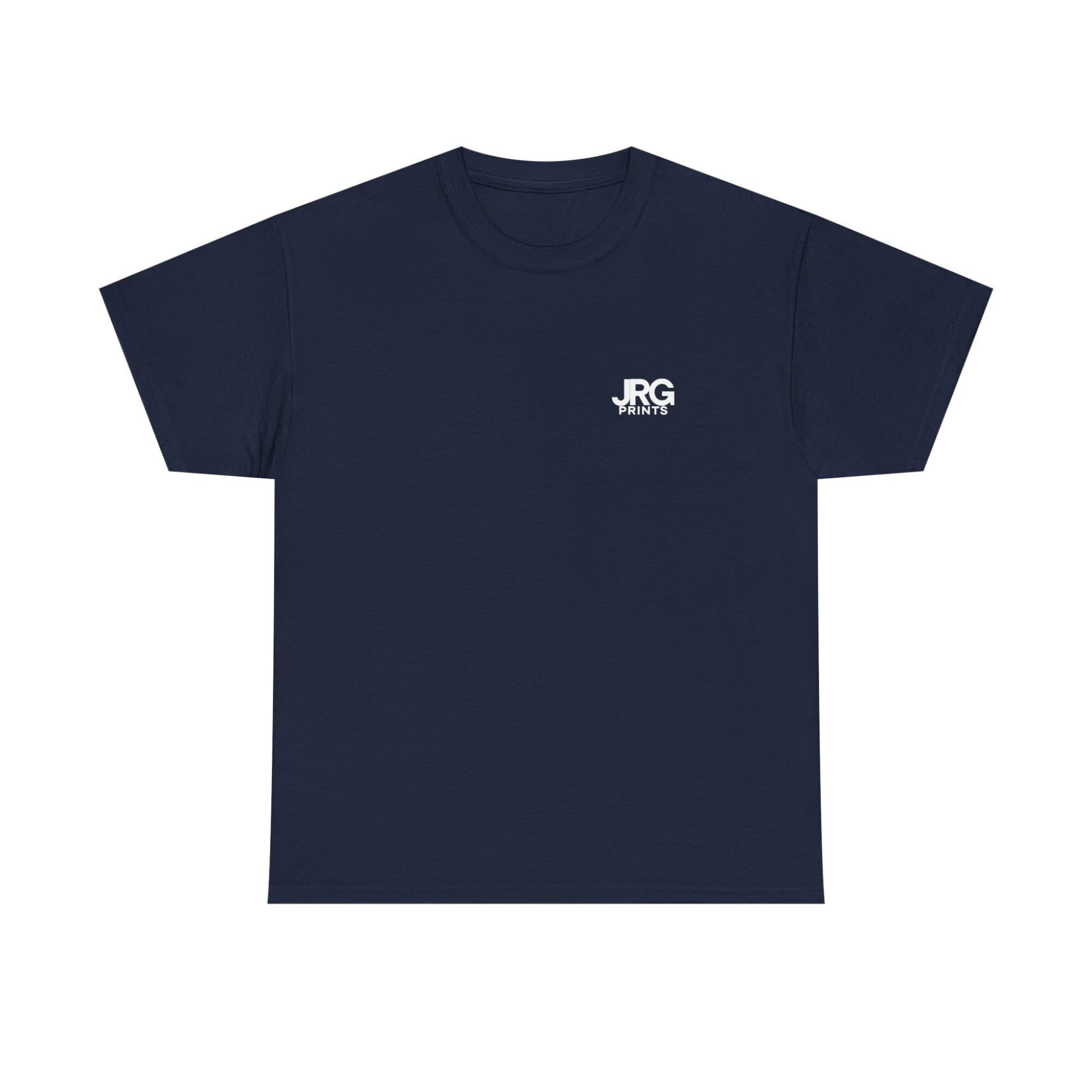 Custom navy t-shirt with the JRG Prints logo on the right chest