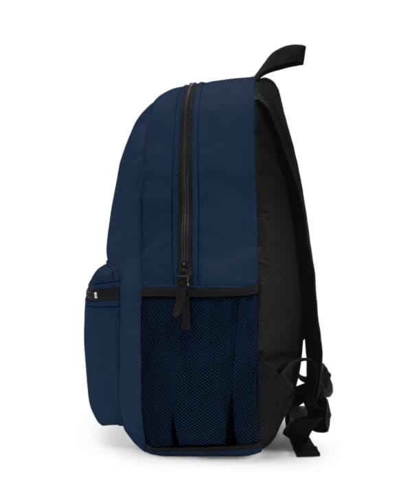 Angled view of the custom navy backpack