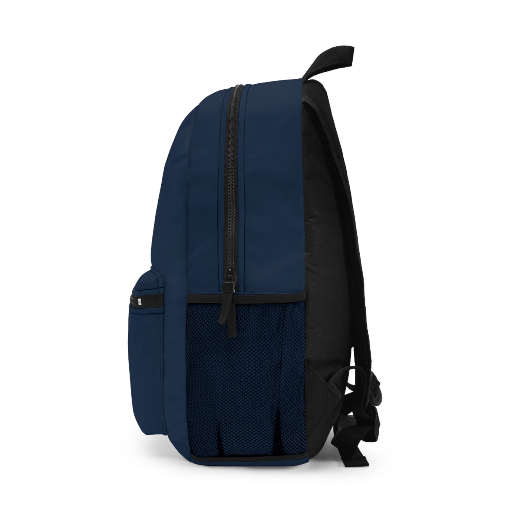 Angled view of the custom navy backpack