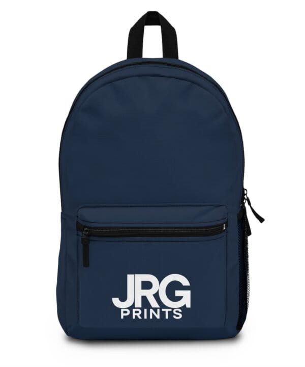 Custom navy backpack with the white JRG Prints logo on the front pocket