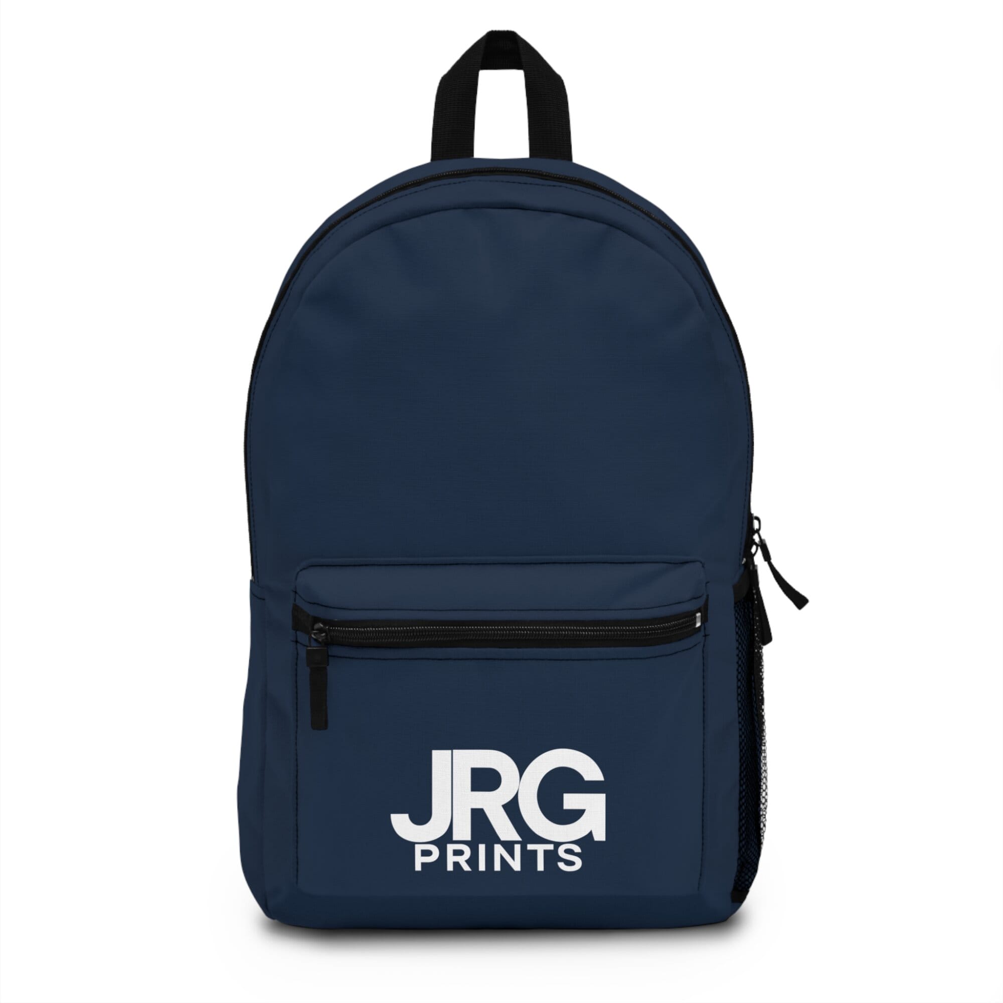 Custom navy backpack with the white JRG Prints logo on the front pocket