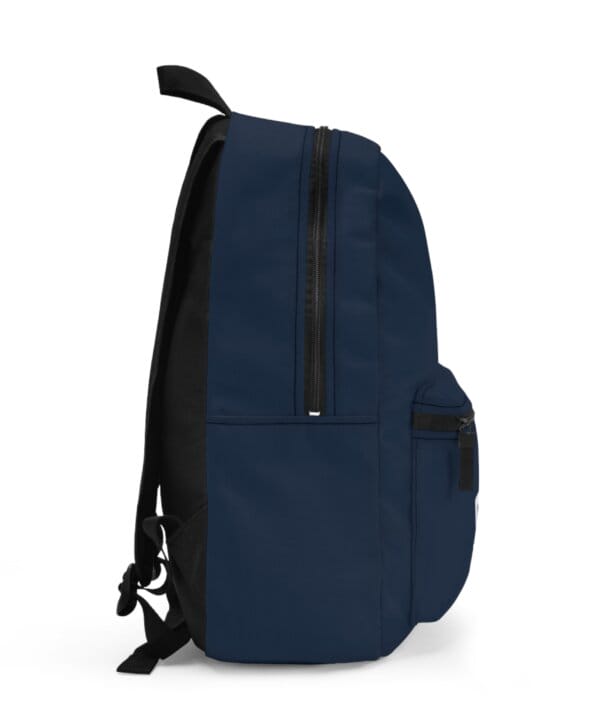 Side view of the custom navy backpack