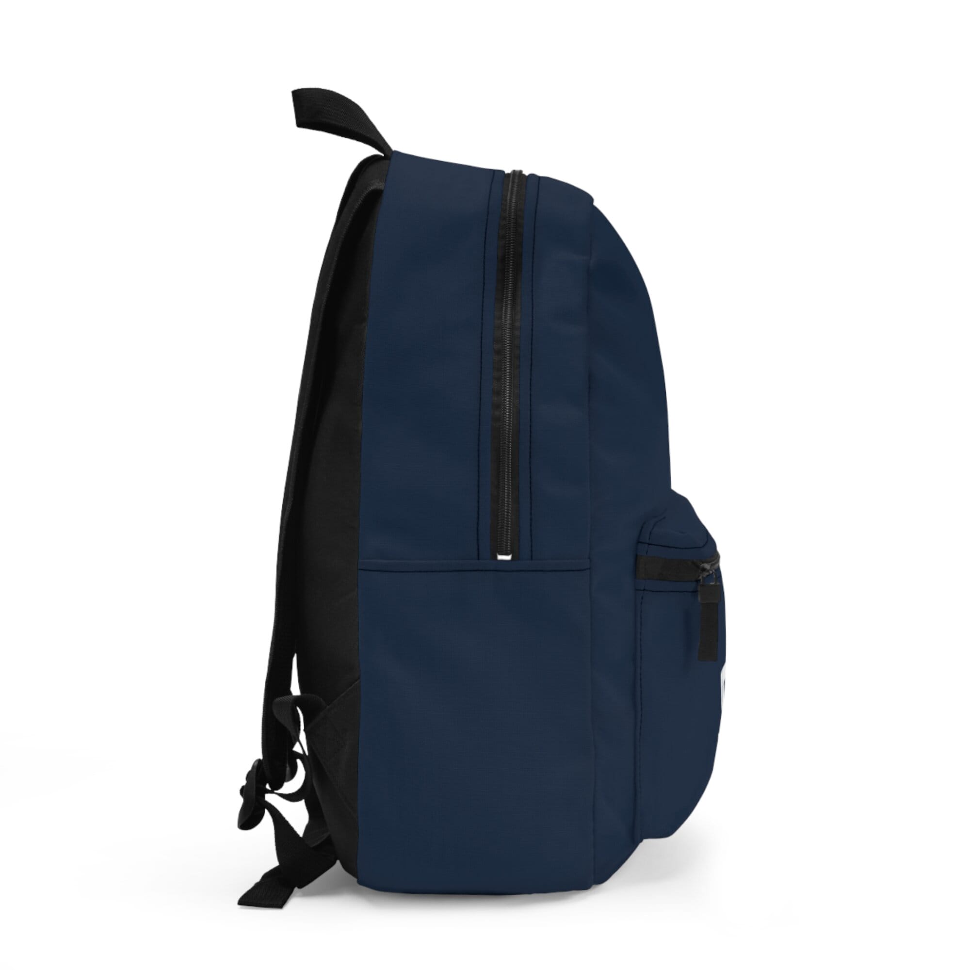 Side view of the custom navy backpack