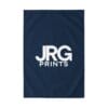 Navy custom outdoor flag with rod pocket, white JRG Prints logo