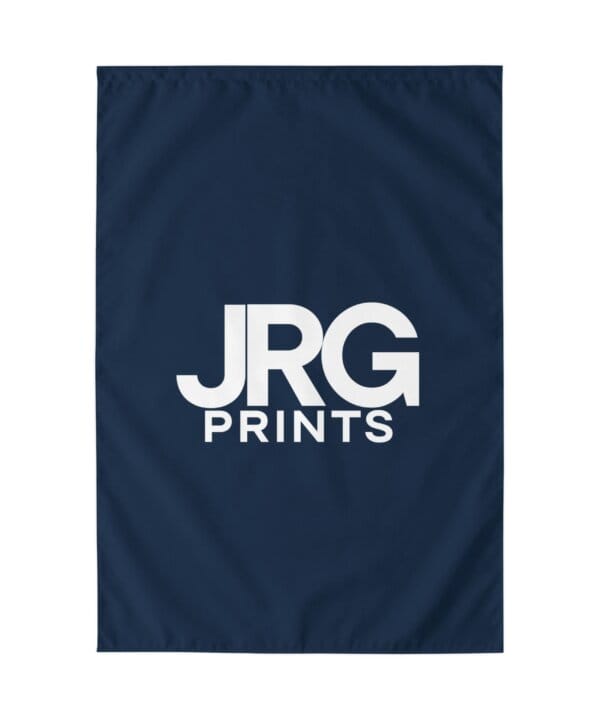 Navy custom outdoor flag with rod pocket, white JRG Prints logo
