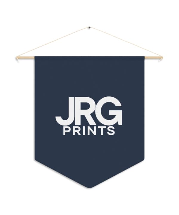 Custom navy pennant printed with the JRG Prints logo in white