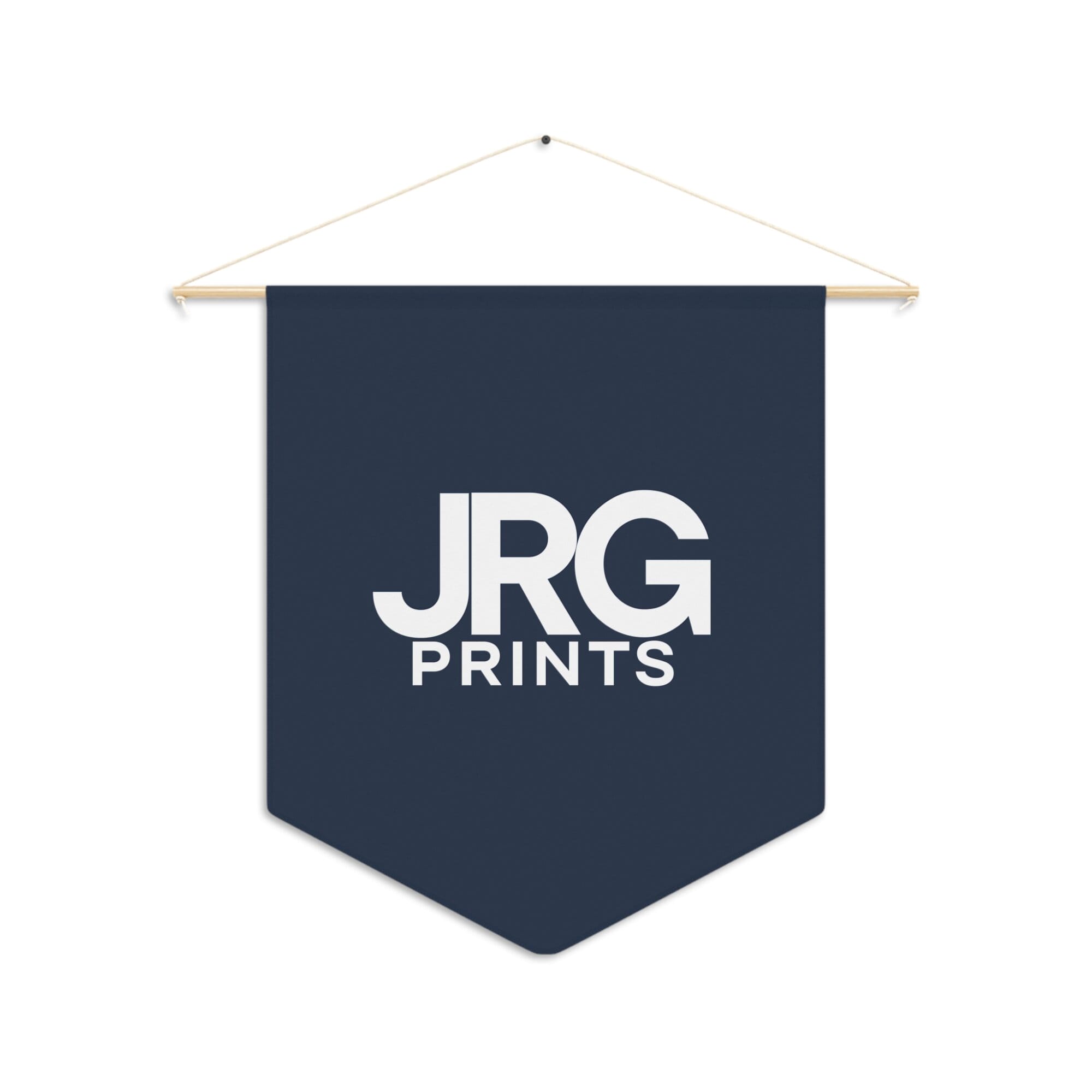 Custom navy pennant printed with the JRG Prints logo in white