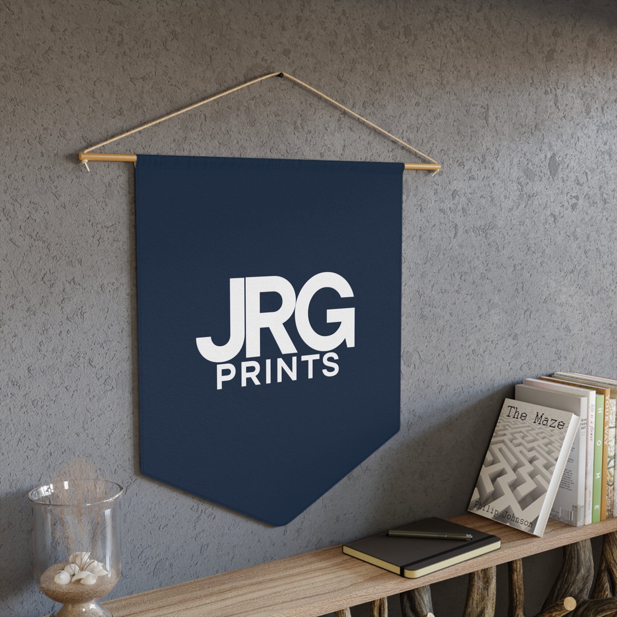 Navy custom pennant styled in a room setting