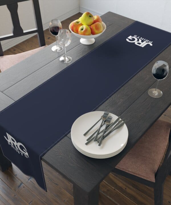 Navy custom table runner shown on a dining table