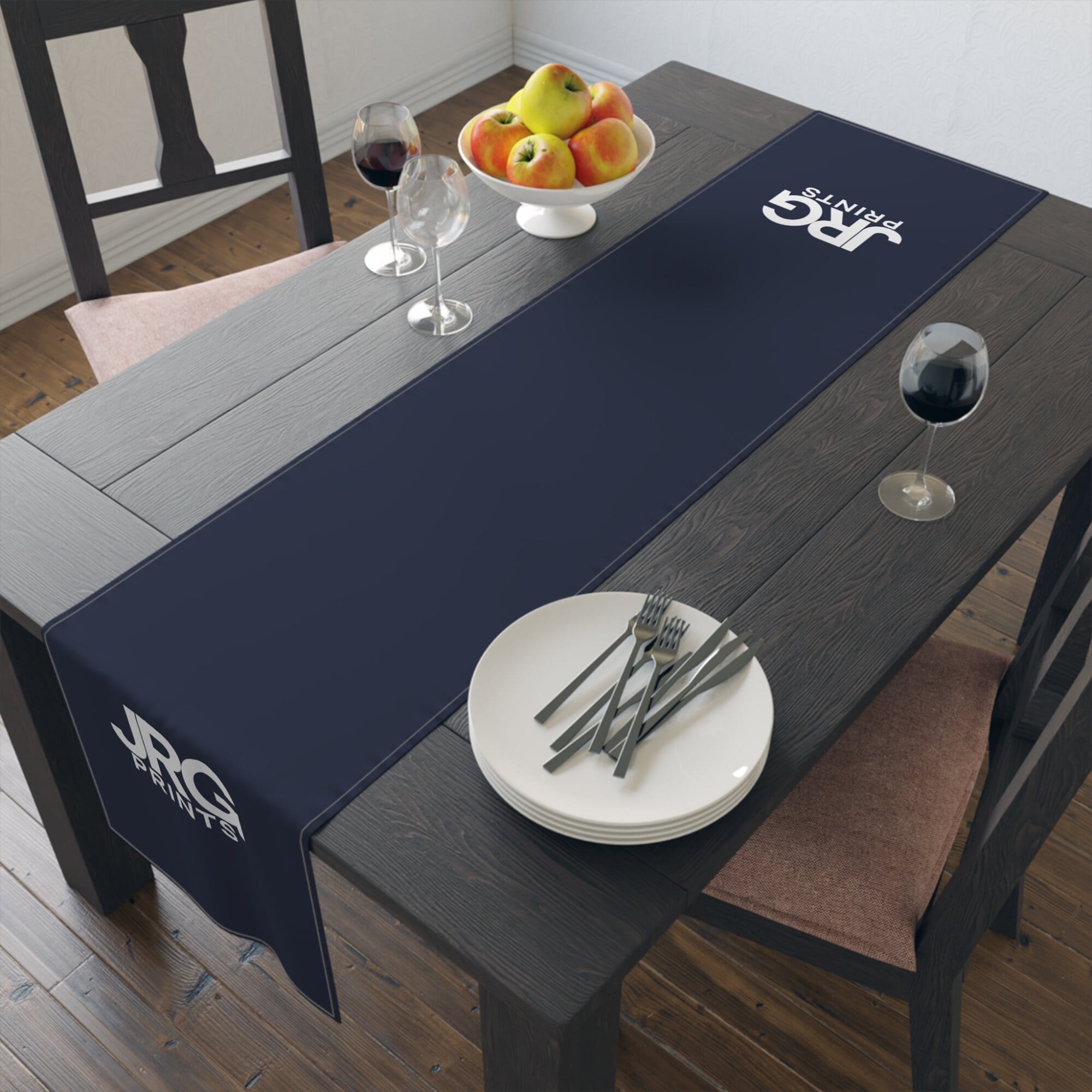 Navy custom table runner shown on a dining table
