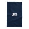 Navy custom banquet tablecloth with the white JRG Prints logo