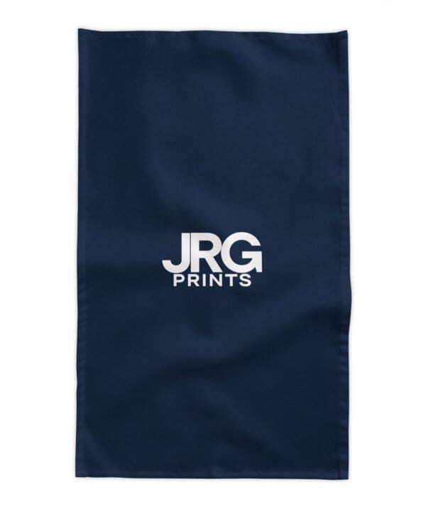 Navy custom banquet tablecloth with the white JRG Prints logo