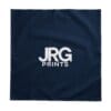 Navy custom square tablecloth with the white JRG Prints logo