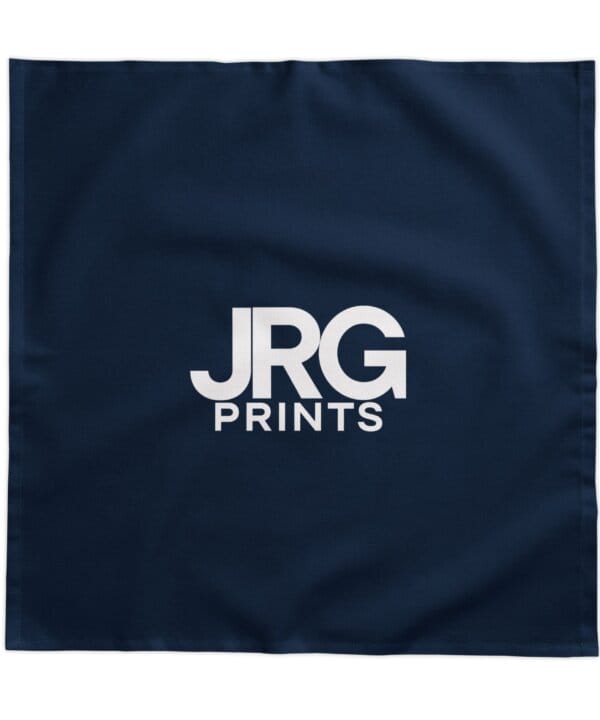 Navy custom square tablecloth with the white JRG Prints logo