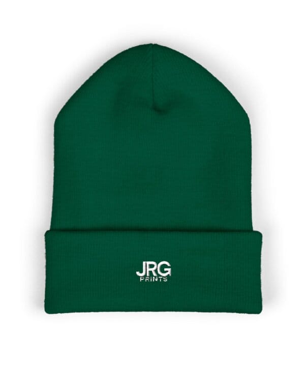 Custom embroidered beanie with the JRG Prints logo on the cuff