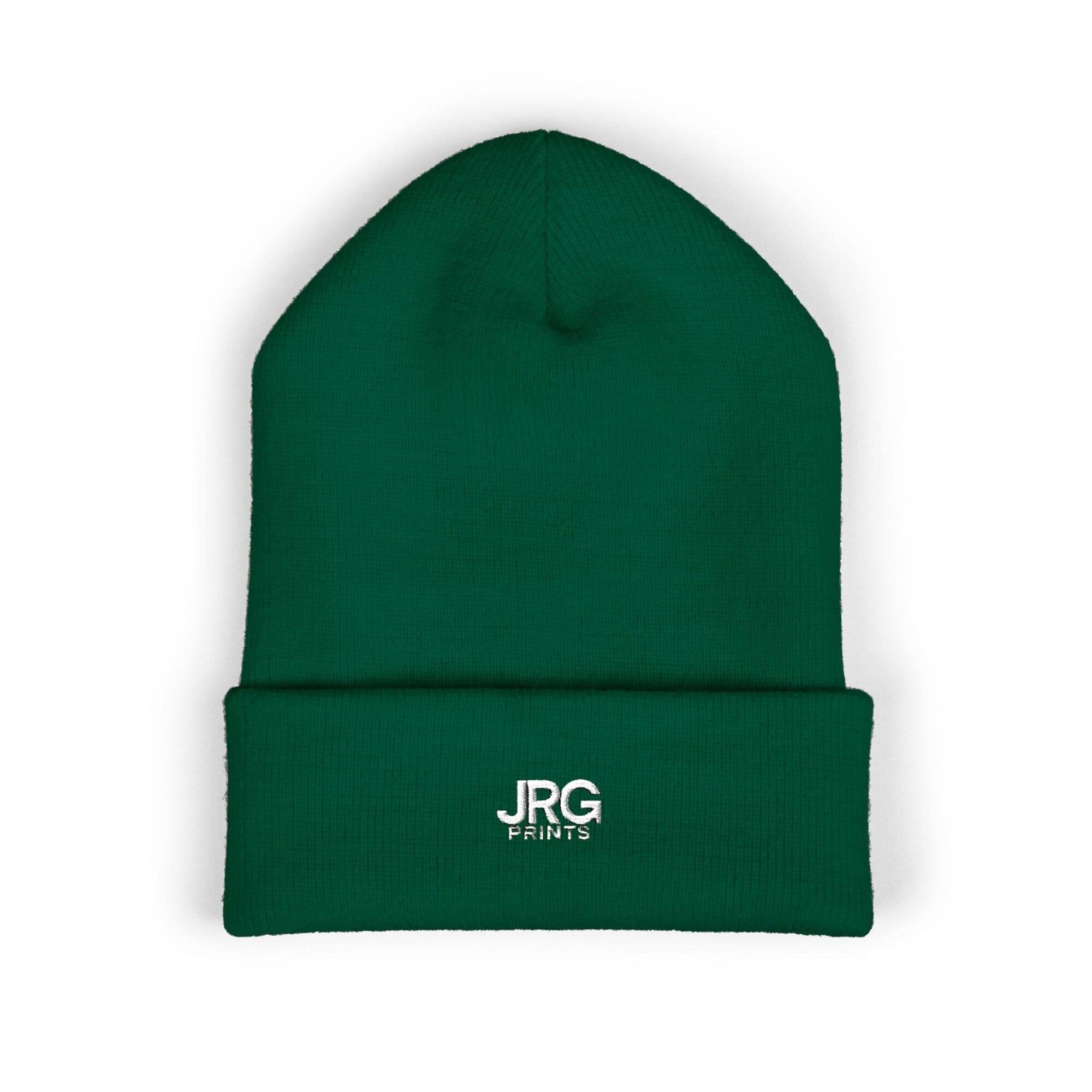 Custom embroidered beanie with the JRG Prints logo on the cuff
