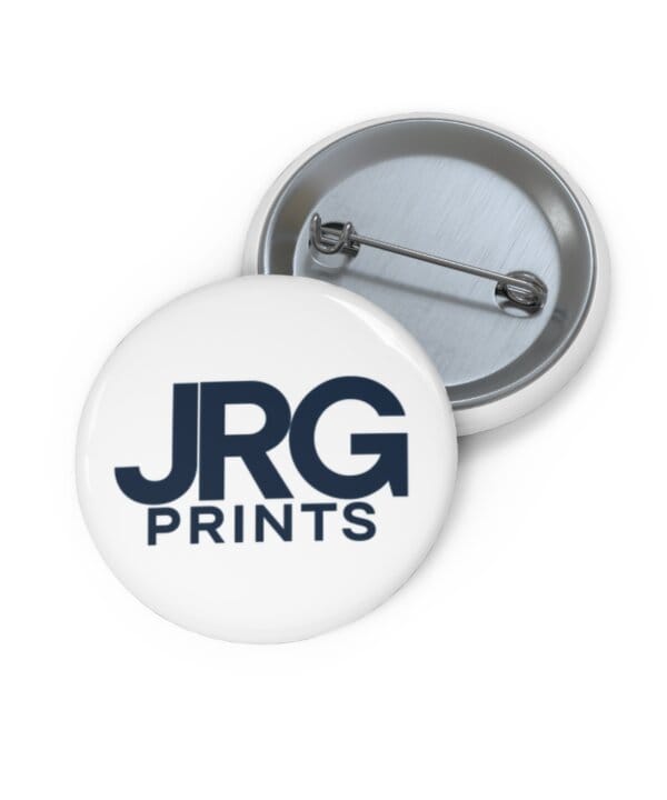 Custom pin button printed with the JRG Prints logo