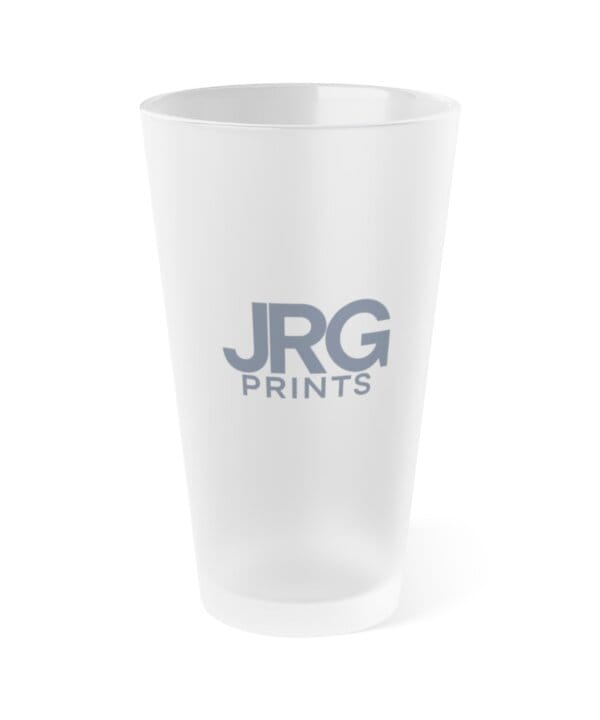 Frosted 16oz pint glass with the JRG Prints logo
